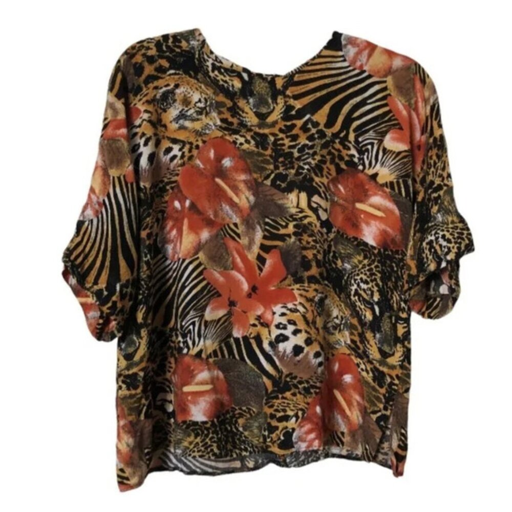 Vintage Animal Print Leopard Floral Rayon Boxy Blouse
